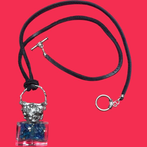 Repurposed VINTG Perfume Glass Bottle Pendant Necklace w Rustic Silver Metalwork - Picture 3 of 15